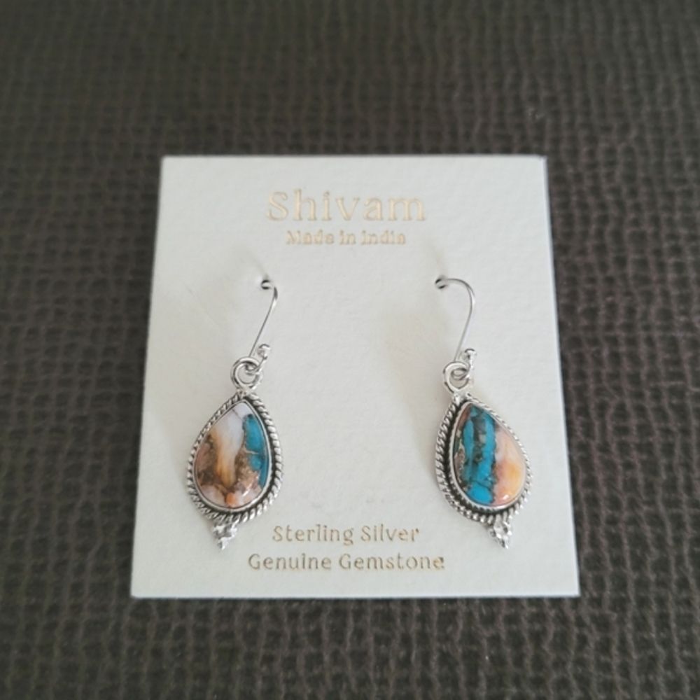 Shivam Oyster Blue💙 Copper Turquoise Teardrop💧 Earrings - Picture 11 of 12